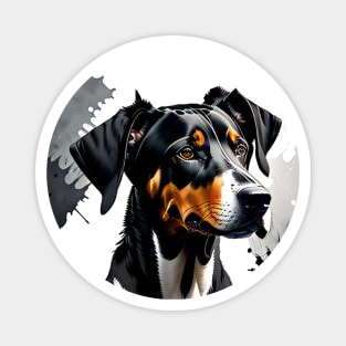 Ink-Splattered Excellence: Natural Ear Doberman Portrait Magnet